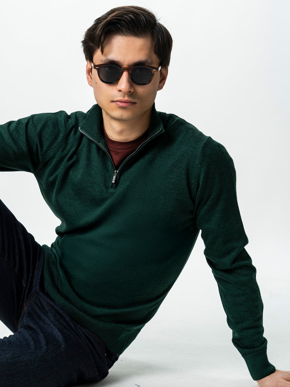 Pulover Cu Fermoar Office Barbati Verde Lana Merinos Falco BMan0003 (5)