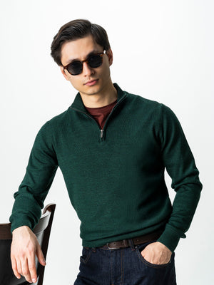 Pulover Cu Fermoar Office Barbati Verde Lana Merinos Falco BMan0003