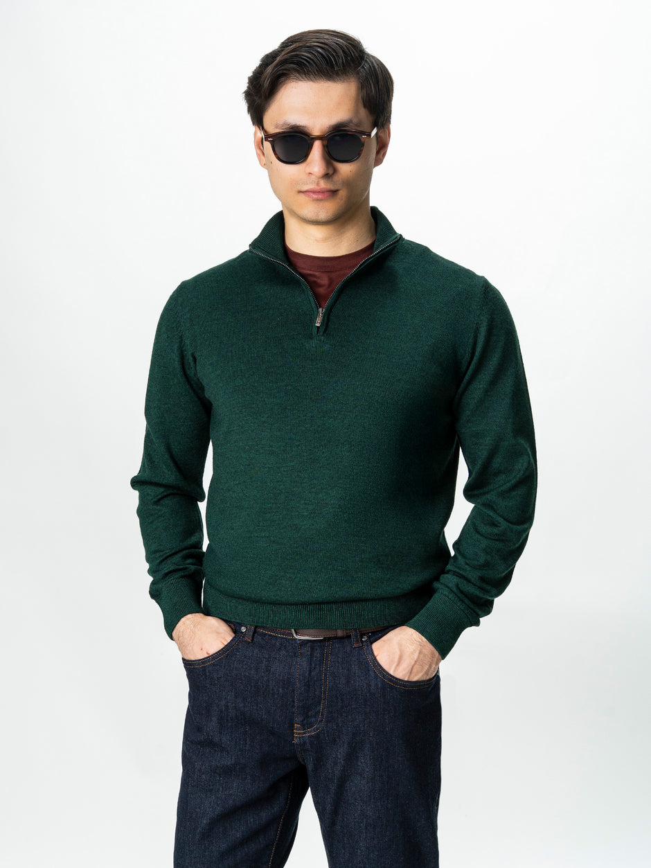 Pulover Cu Fermoar Office Barbati Verde Lana Merinos Falco BMan0003 (6)