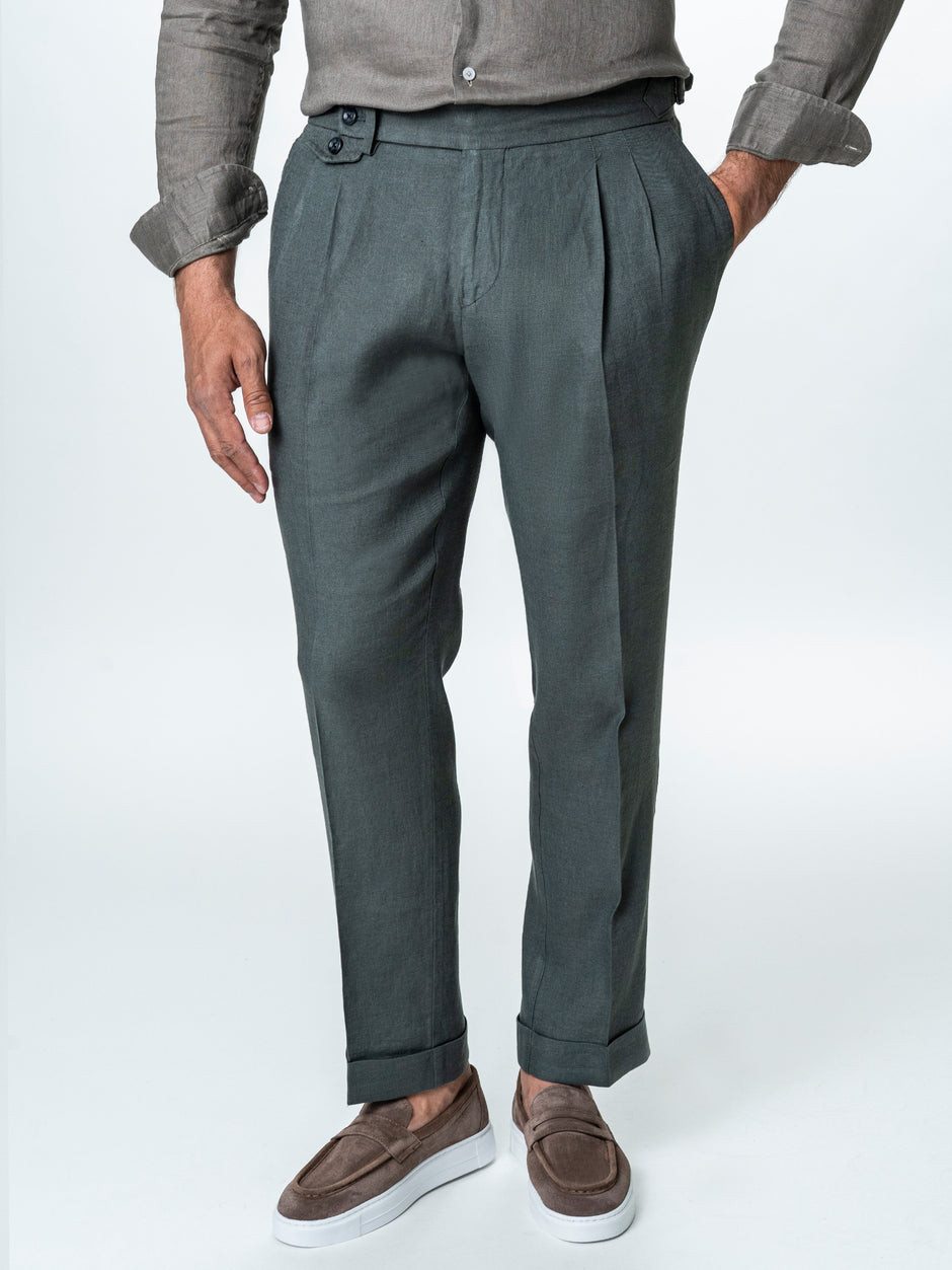Pantaloni Verde Maslin Cu Pense Barbati Gurkha In Natural Vitale Barberis BMan0013 (1)