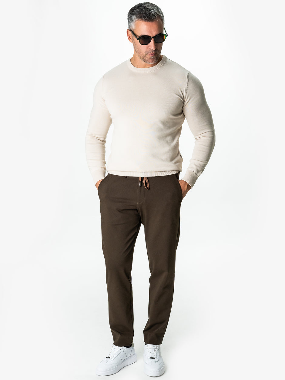 Pantaloni Maro Inchis Relax Fit Barbati Cu Snur Full Stretch Office BMan0014 (2)