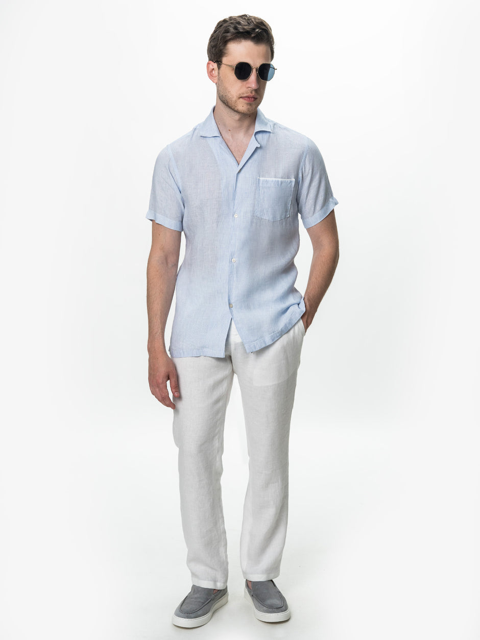 Camasa Bleu Barbati cu Maneca Scurta din In Natural BMan0090 (6)