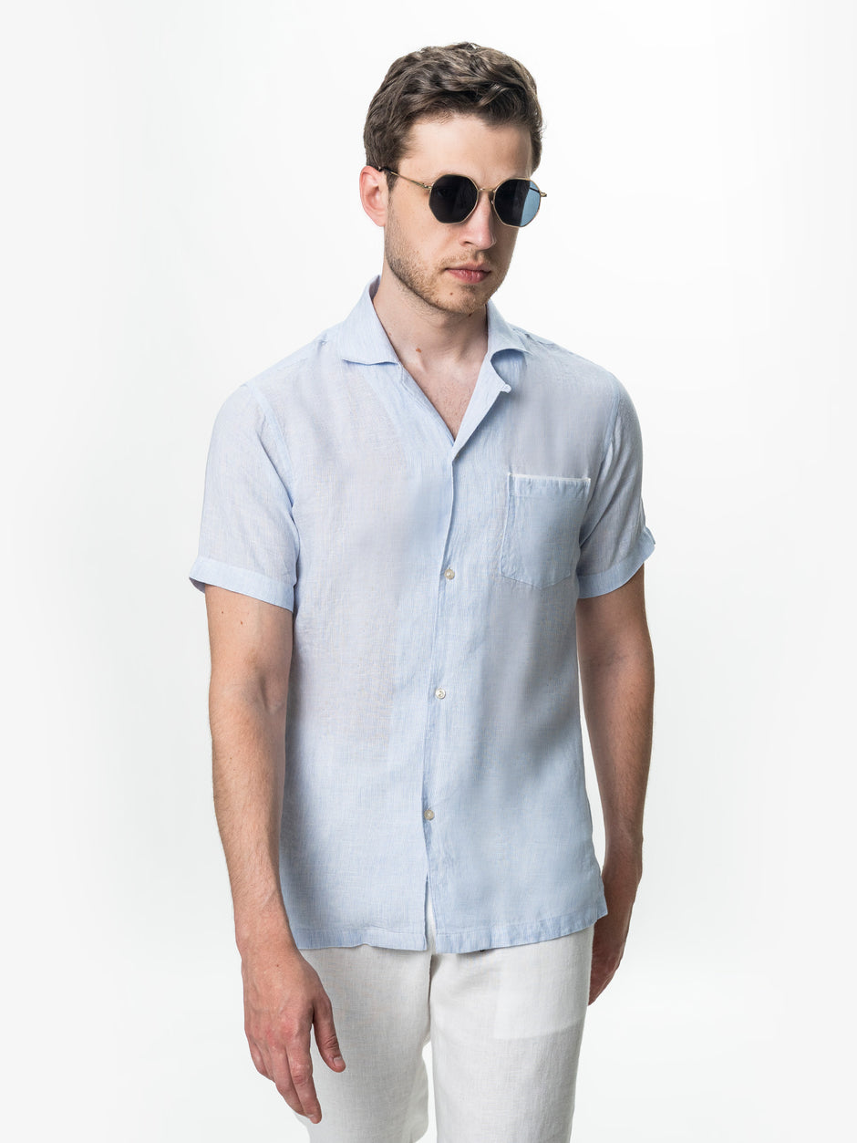 Camasa Bleu Barbati cu Maneca Scurta din In Natural BMan0090 (7)