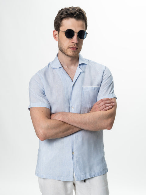 Camasa Bleu Barbati cu Maneca Scurta din In Natural BMan0090