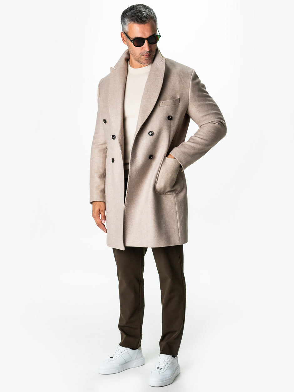 Palton Barbati Crem 100% Lana Herringbone Doua Randuri Bman122 (6)