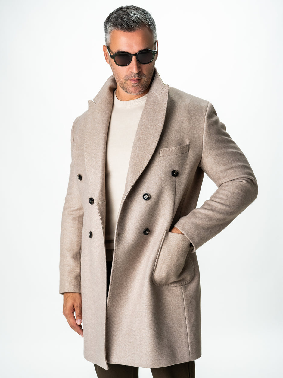 Palton Barbati Crem 100% Lana Herringbone Doua Randuri Bman122 (4)