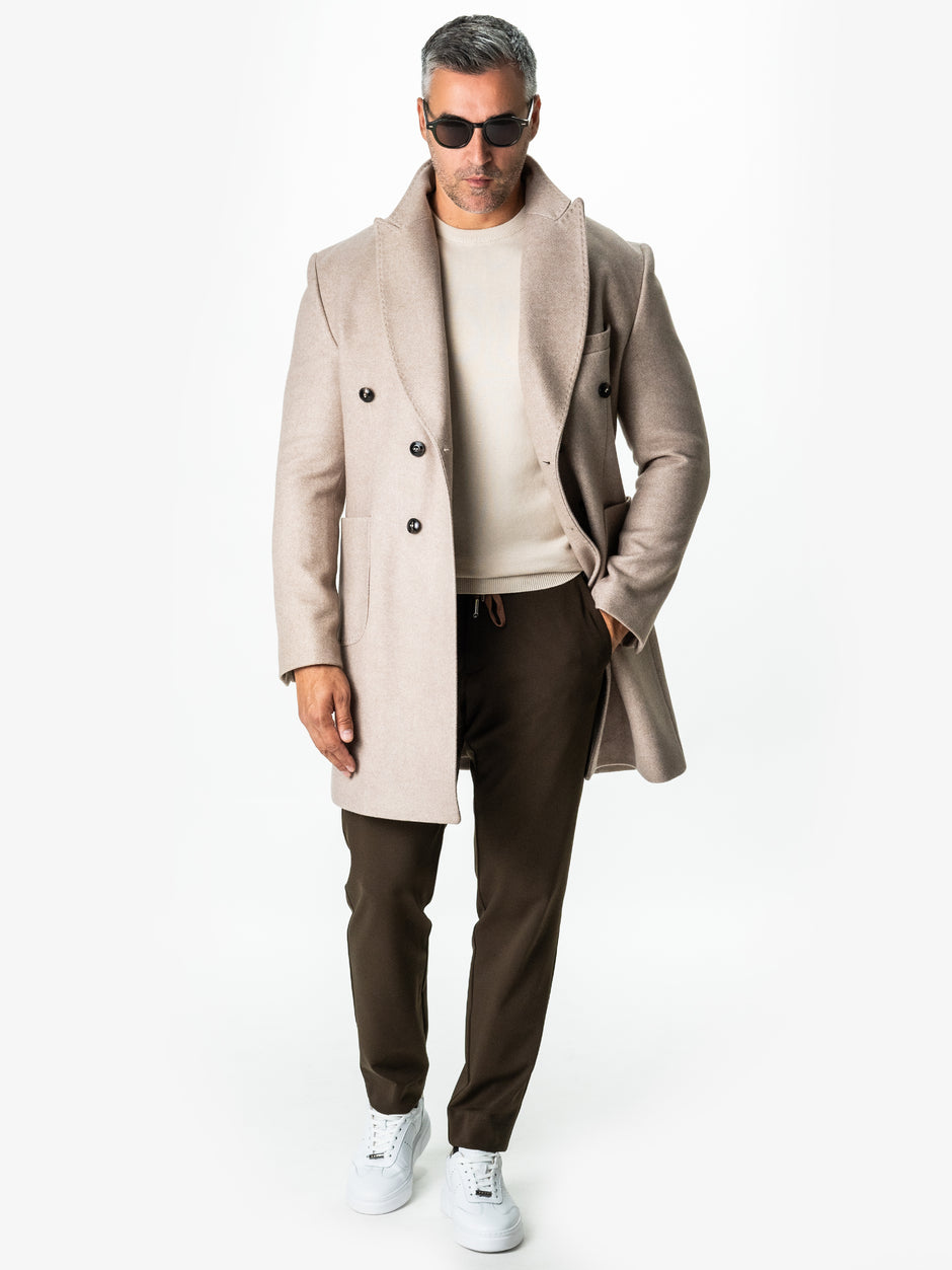 Palton Barbati Crem 100% Lana Herringbone Doua Randuri Bman122 (1)