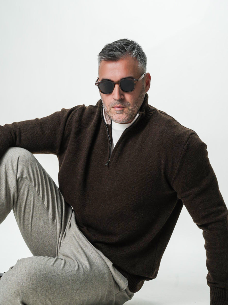 Pulover Cafeniu Barbati 100% Lana Lambswool Cu Fermoar BMan0027 (5)