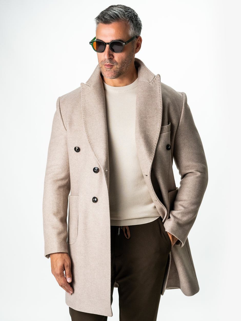 Palton Barbati Crem 100% Lana Herringbone Doua Randuri Bman122 (2)