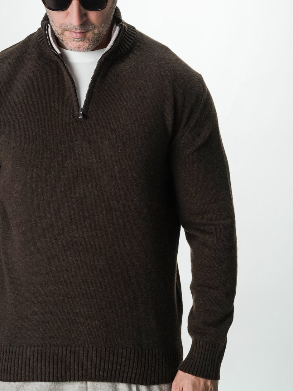 Pulover Cafeniu Barbati 100% Lana Lambswool Cu Fermoar BMan0027 (4)