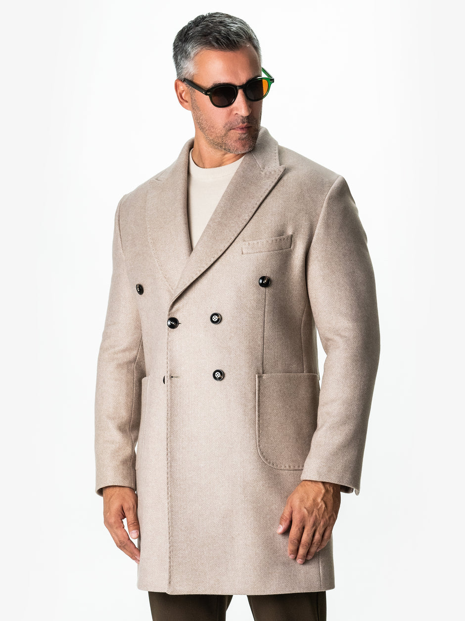 Palton Barbati Crem 100% Lana Herringbone Doua Randuri Bman122 (9)