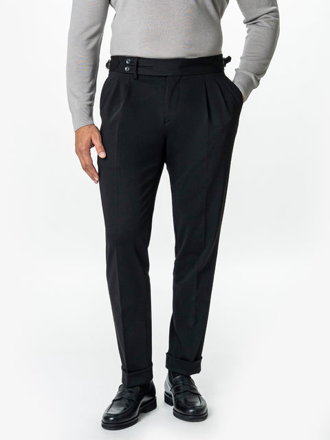 Pantaloni Cu Pense Barbati Negri Gurkha Din Stofa De Toamna BMan702
