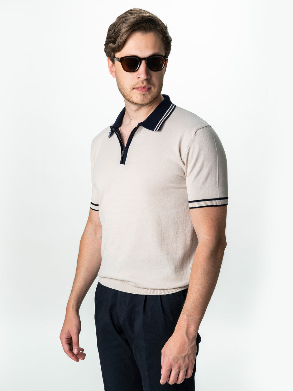 Tricou Barbati Polo Crem Cu Guler Bleumarin Cu Fermoar Bumbac BMan300 (4)