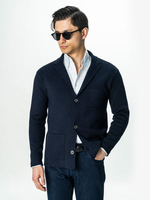 Pulover Barbati Bleumarin Cu Nasturi Tip Jacheta Din 100% Bumbac BMan0020