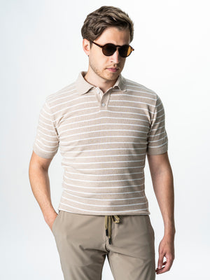 Tricou Barbati Polo Bej In Dungi Bumbac Natural BMan0003