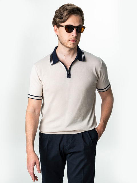Tricou Barbati Polo Crem Cu Guler Bleumarin Cu Fermoar Bumbac BMan300