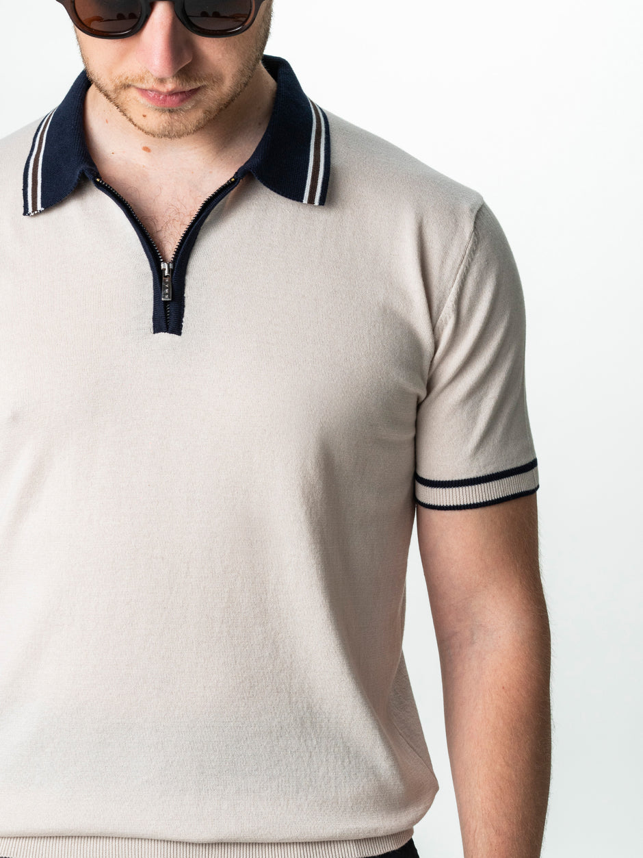 Tricou Barbati Polo Crem Cu Guler Bleumarin Cu Fermoar Bumbac BMan300 (5)