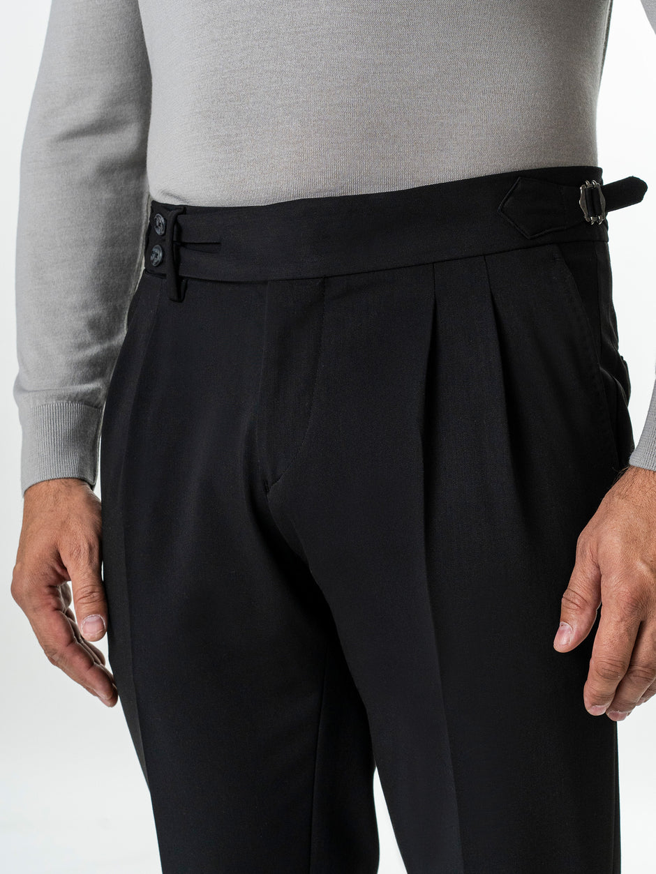 Pantaloni Cu Pense Barbati Negri Gurkha Din Stofa De Toamna BMan702 (7)