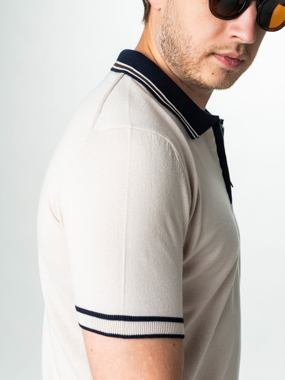 Tricou Barbati Polo Crem Cu Guler Bleumarin Cu Fermoar Bumbac BMan300 (6)