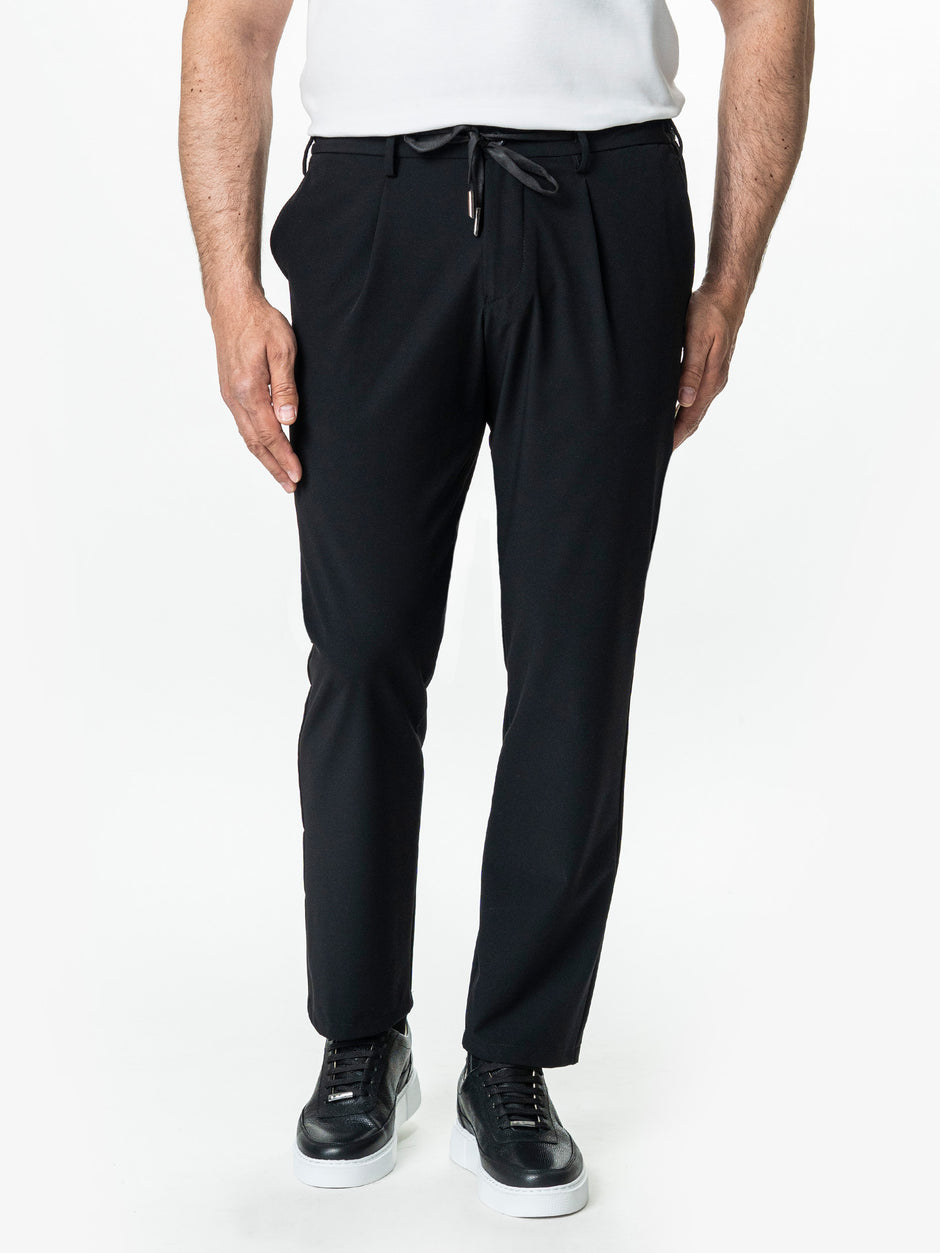 Pantaloni Casual Barbati Negri Din Spandex Cu Snur BMan0102 (7)