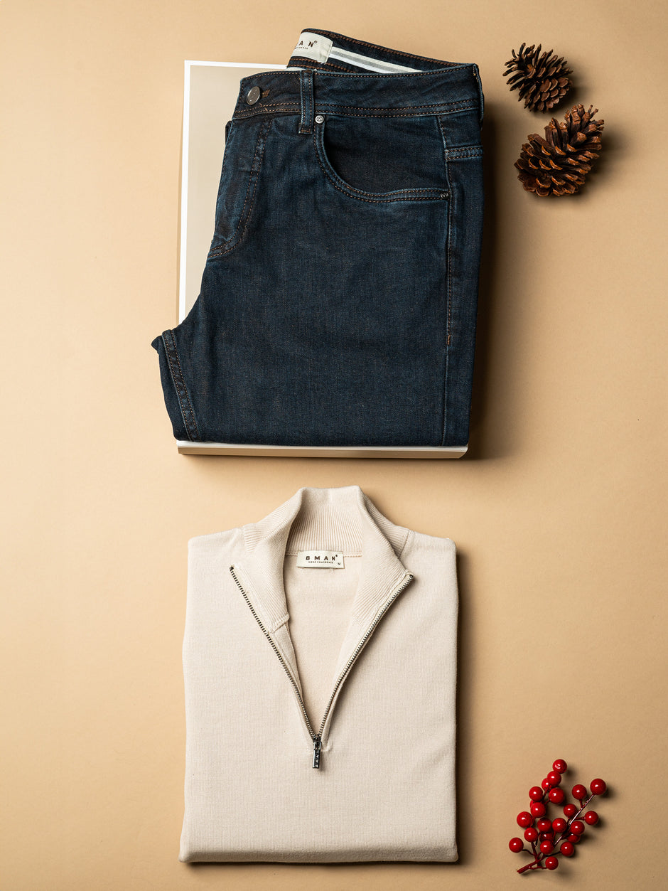 Pachet Cadou Barbati Blugi Tip Denim Si Pulover Cu Fermoar Bman0292 (1)