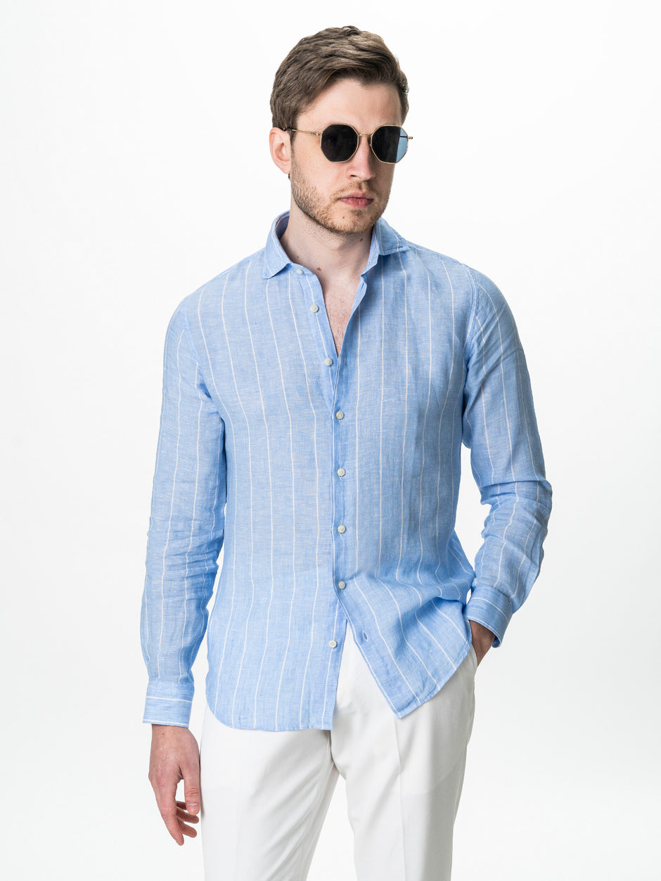 Camasa Barbati In Natural Albastru Bleu Dungi BMan0077 (9)