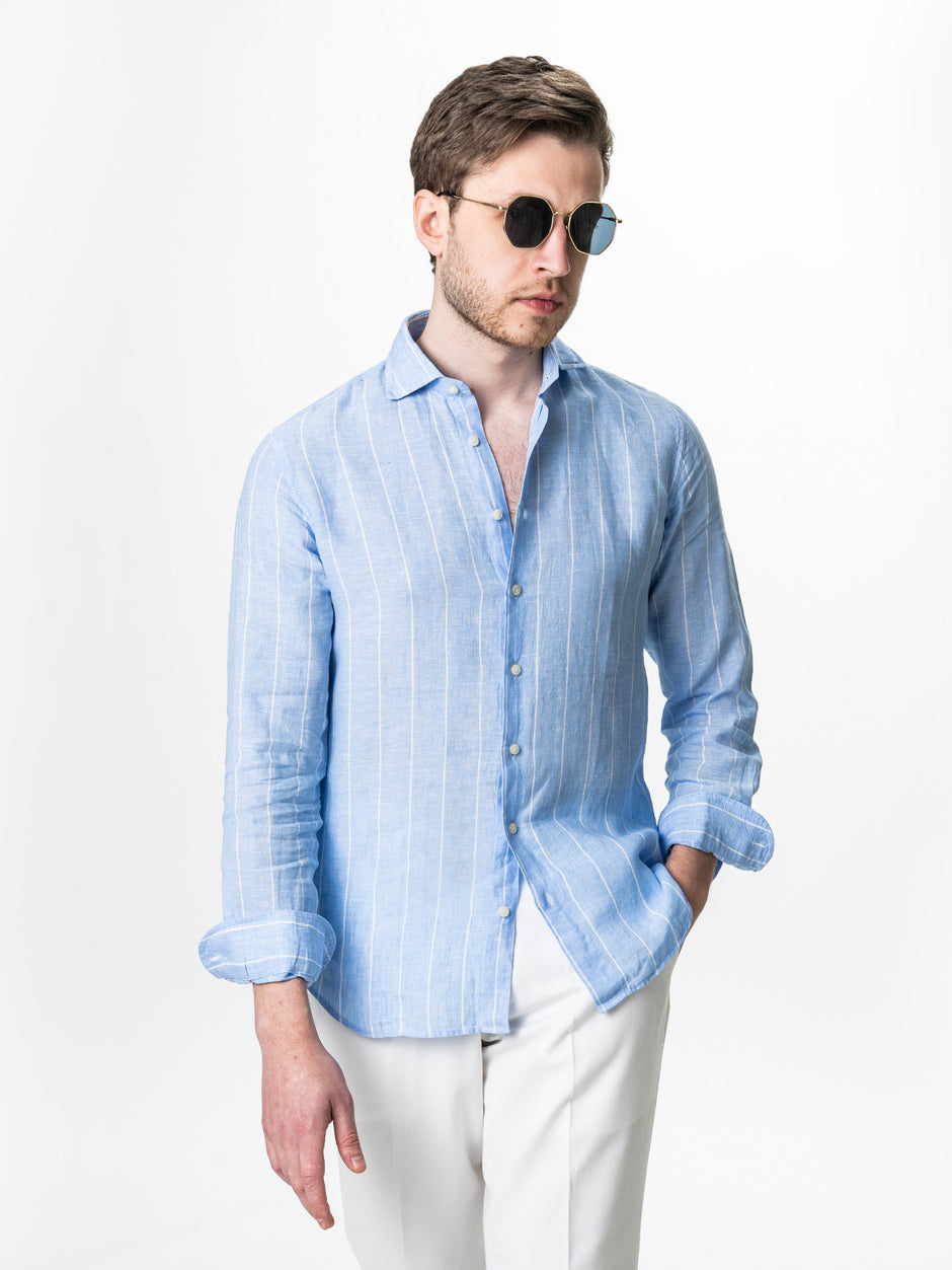 Camasa Barbati In Natural Albastru Bleu Dungi BMan0077 (2)