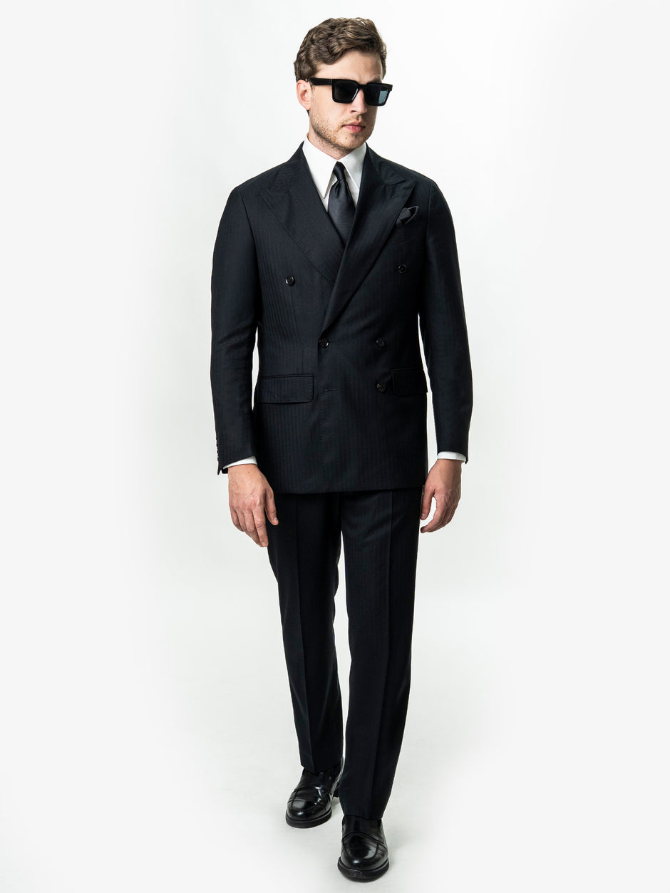 Costum Barbati Negru La Doua Randuri 100% Lana Loro Piana BMan0130 (1)