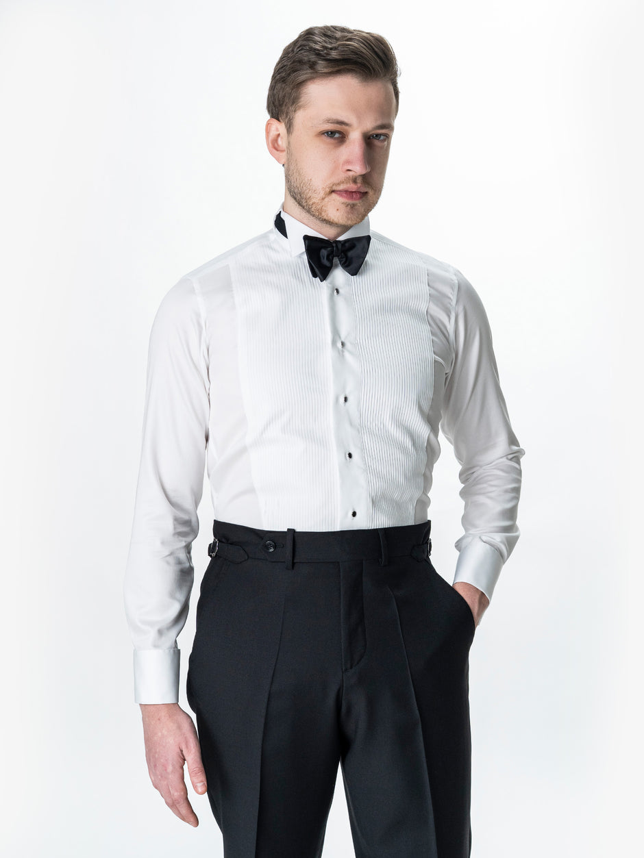 Camasa Alba Mire Barbati De Ceremonie Cu Plastron BMan0080 (1)