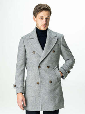 Palton Barbati La Doua Randuri Herringbone Din Lana Gri Deschis BMan0007