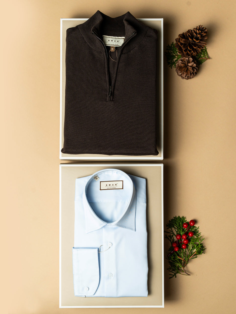 Pachet Cadou Barbati Pulover Cu Fermoar Si Camasa Bumbac Bman0002 (2)