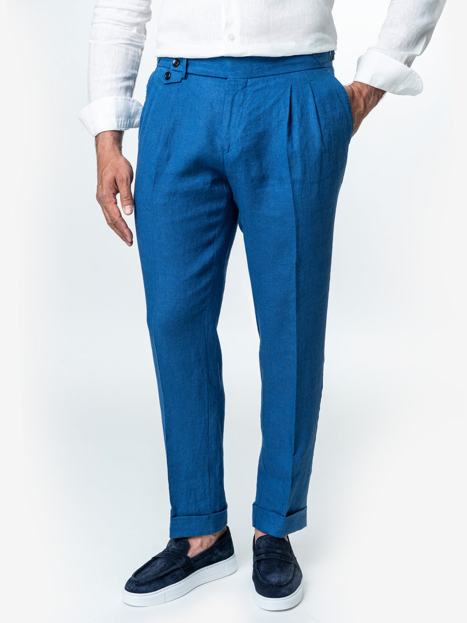 Pantaloni Albastri Cu Pense Barbati Gurkha In Natural Vitale Barberis BMan0013 (4)