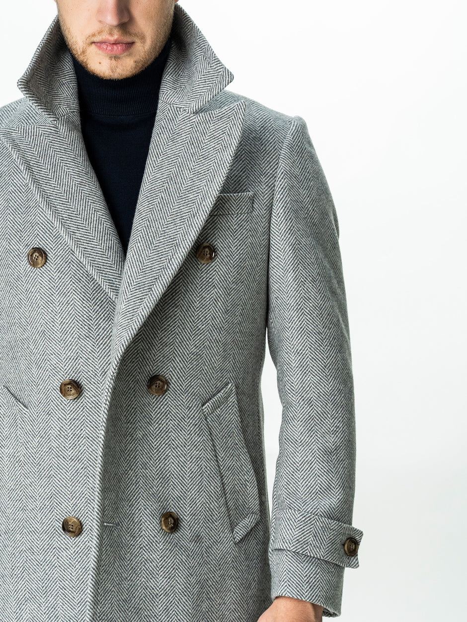 Palton Barbati La Doua Randuri Herringbone Din Lana Gri Deschis BMan0007 (7)