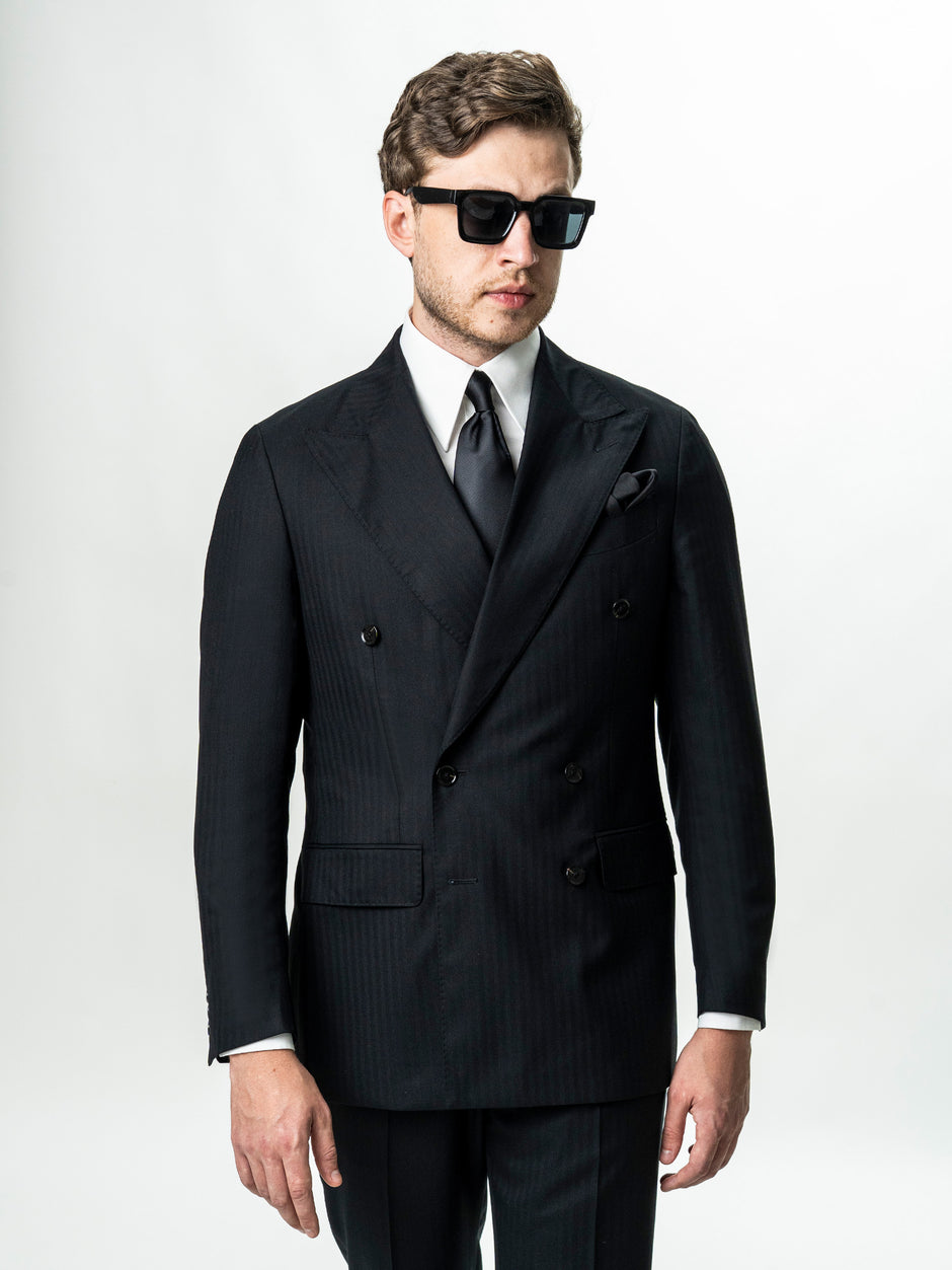 Costum Barbati Negru La Doua Randuri 100% Lana Loro Piana BMan0130 (8)