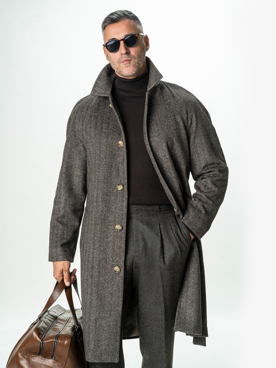 Palton Barbati Iarna Cafeniu 100% Lana Herringbone BMan0005 (5)