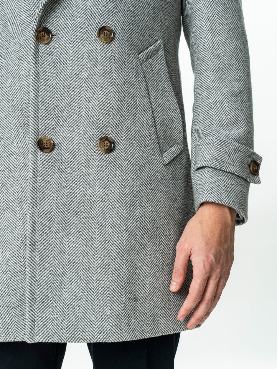 Palton Barbati La Doua Randuri Herringbone Din Lana Gri Deschis BMan0007 (8)