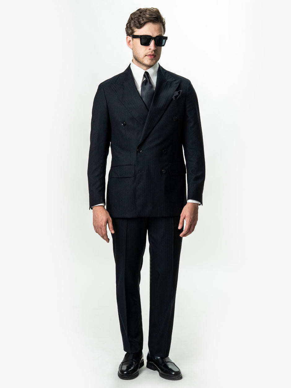 Costum Barbati Negru La Doua Randuri 100% Lana Loro Piana BMan0130 (7)
