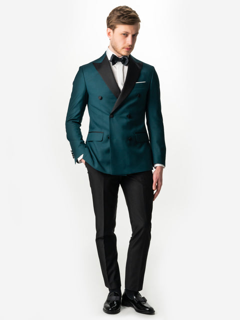 Costum De Mire Verde Petrol Tip Smoking Ceremonie Doua Randuri Din Lana BMan0010