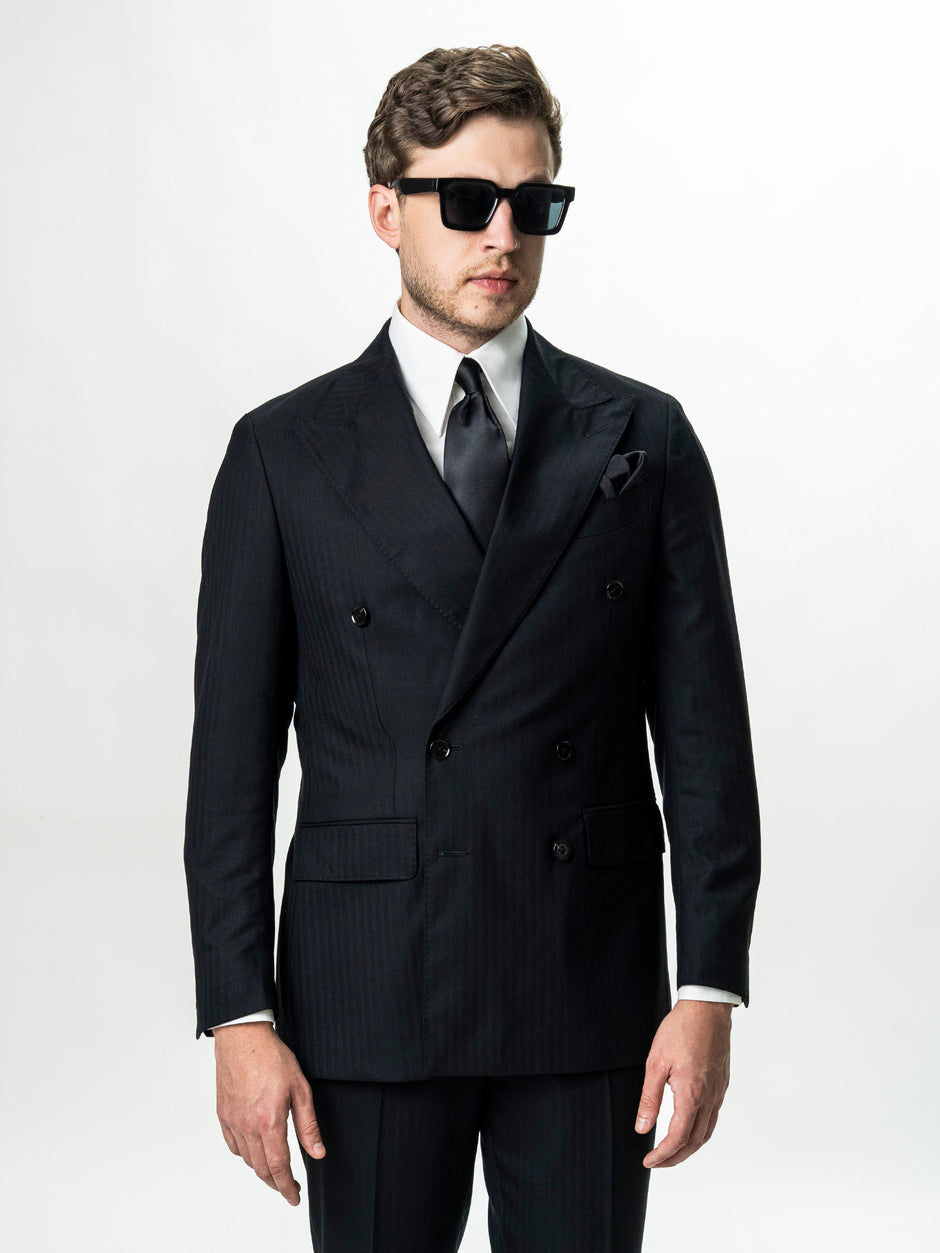 Costum Barbati Negru La Doua Randuri 100% Lana Loro Piana BMan0130 (12)
