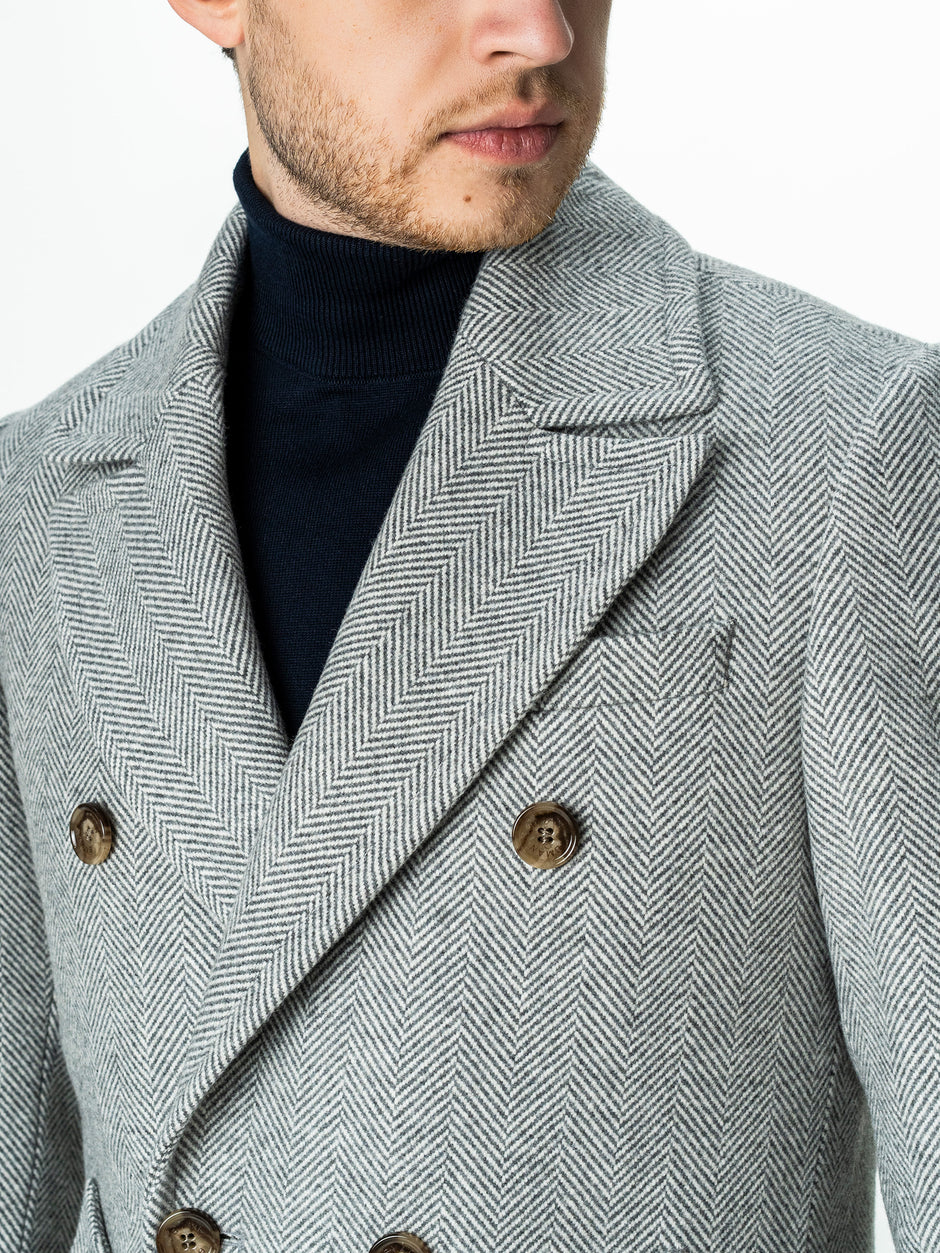 Palton Barbati La Doua Randuri Herringbone Din Lana Gri Deschis BMan0007 (3)
