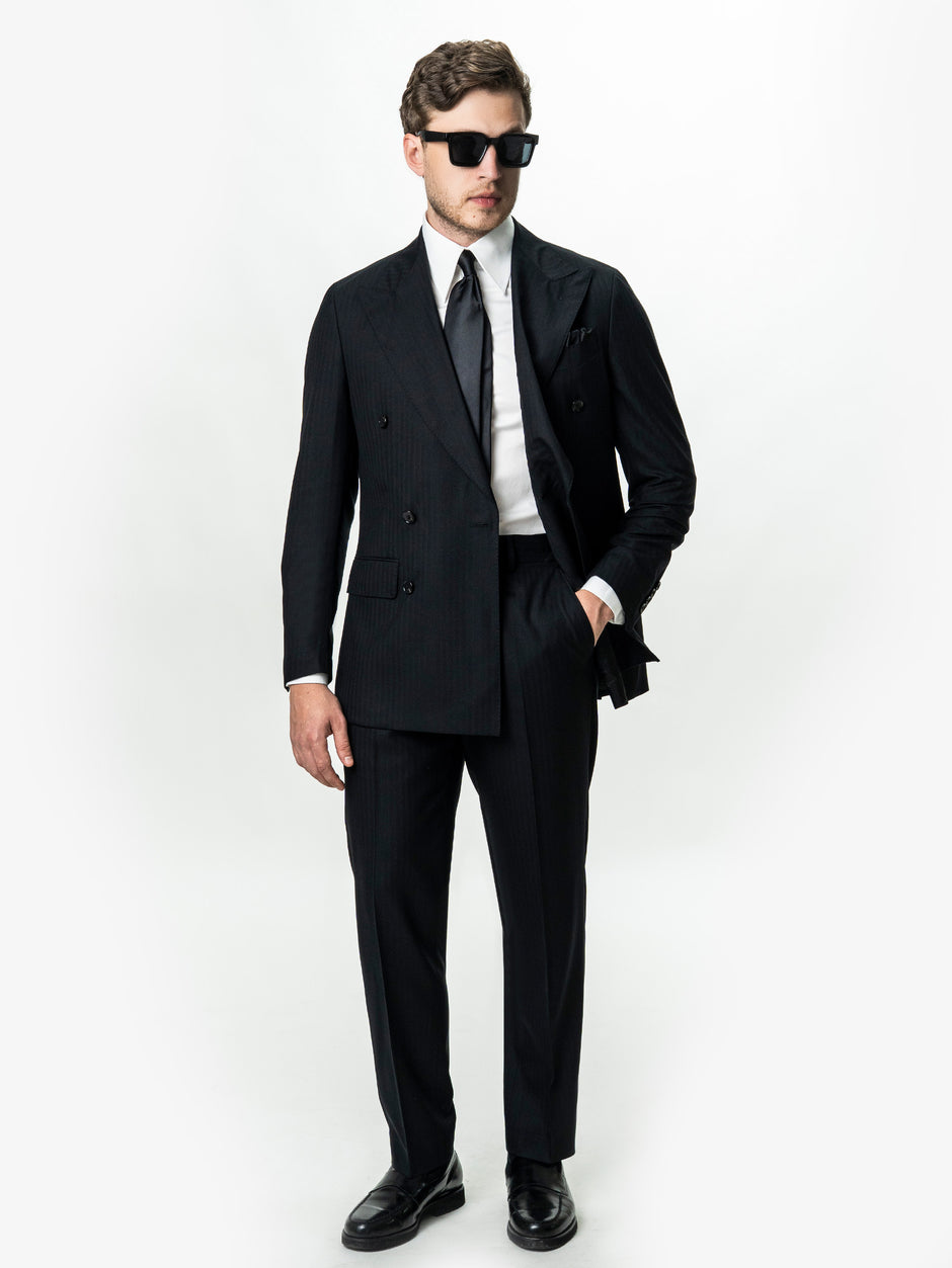 Costum Barbati Negru La Doua Randuri 100% Lana Loro Piana BMan0130 (3)