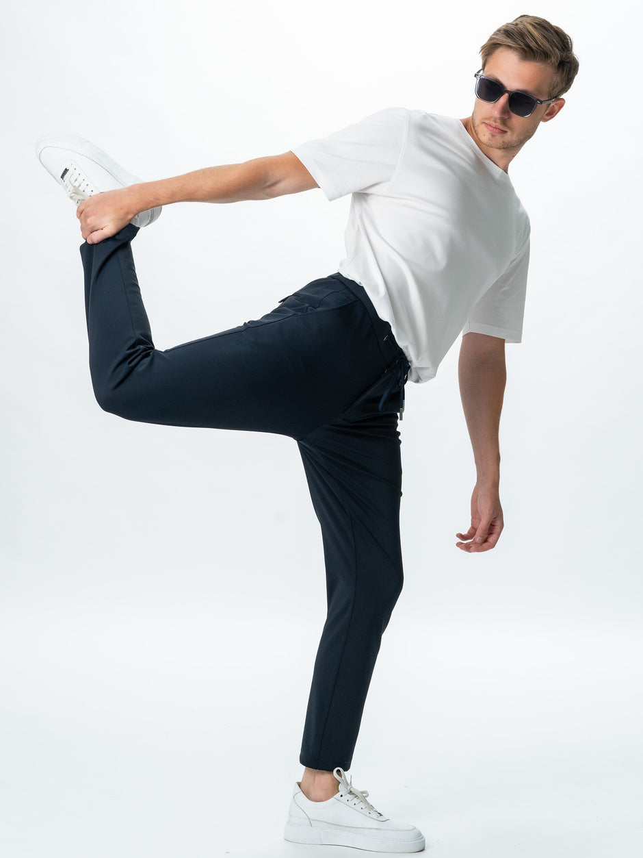Pantaloni Casual & Office Premium City Flexo Cu Snur Barbati Bleumarin Spandex Milano BMan720 (2)