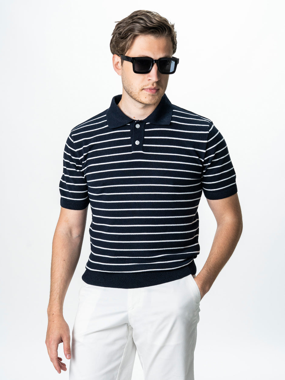 Tricou Barbati Polo Bleumarin In Dungi Bumbac Natural BMan0003 (4)