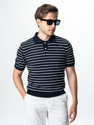 Tricou Barbati Polo Bleumarin In Dungi Bumbac Natural BMan0003