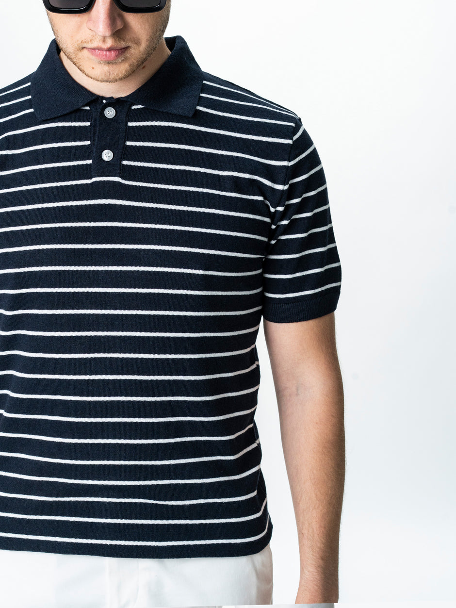 Tricou Barbati Polo Bleumarin In Dungi Bumbac Natural BMan0003 (3)