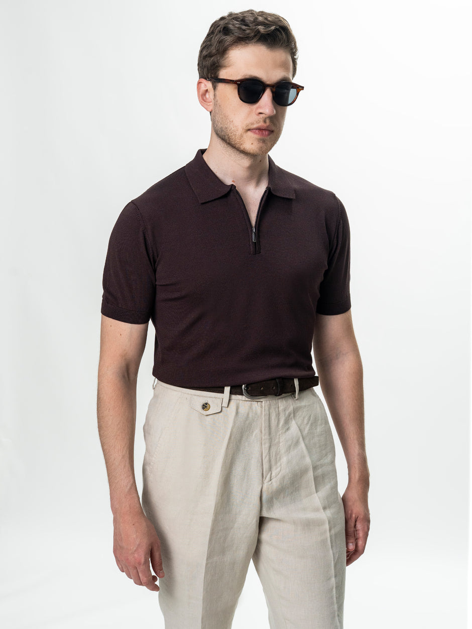 Tricou Barbati Polo Maro Cafeniu din Rayon cu Fermoar BMan0101 (6)