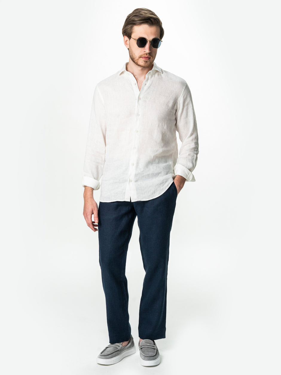 Pantaloni Casual Cu Snur In Talie Vara Barbati In Natural Bleumarin BMan714 (2)