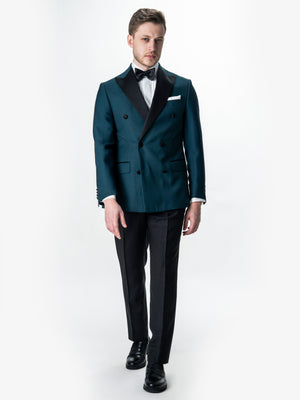 Costum De Mire Verde Petrol Tip Smoking Ceremonie Doua Randuri Din Lana BMan0010