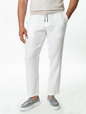 Pantaloni Barbati Albi Casual De Vara Din In Natural BMan714