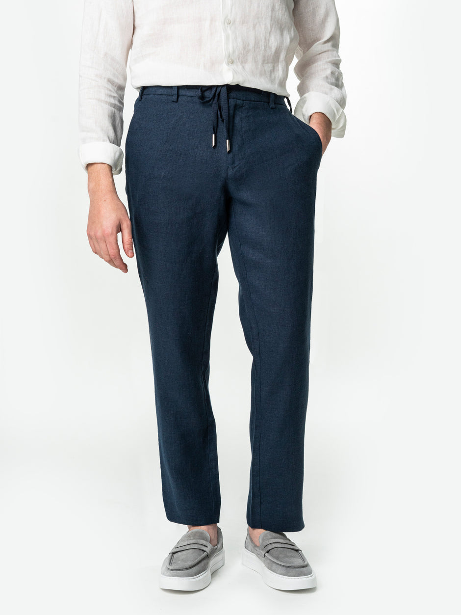 Pantaloni Casual Cu Snur In Talie Vara Barbati In Natural Bleumarin BMan714 (1)